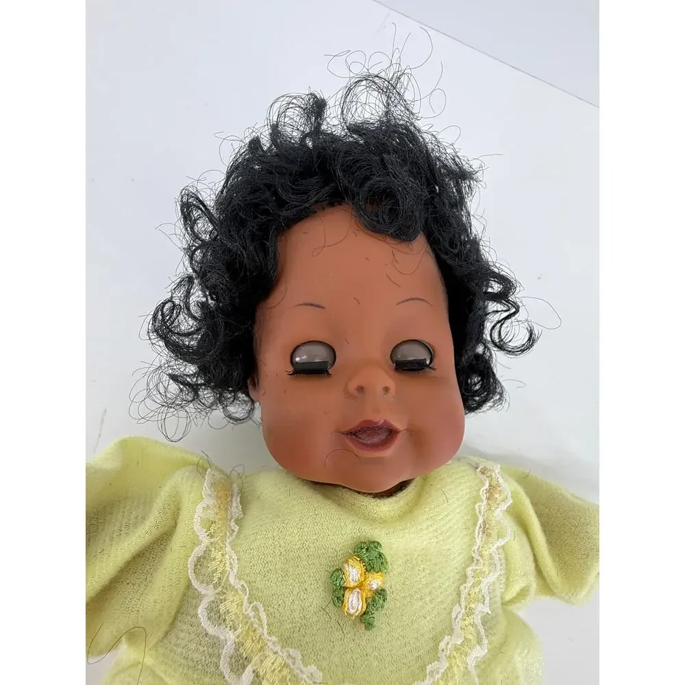 Vintage 1988 Black Baby Doll Sleep Eyes Soft Body Yellow Gown Curly Hair CitiToy